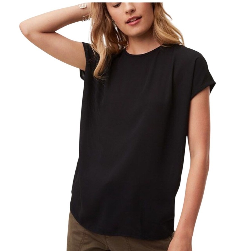 NWT Loft Mixed Media Tie Back Top Black Sz S Short Sleeve Blouse Workwear